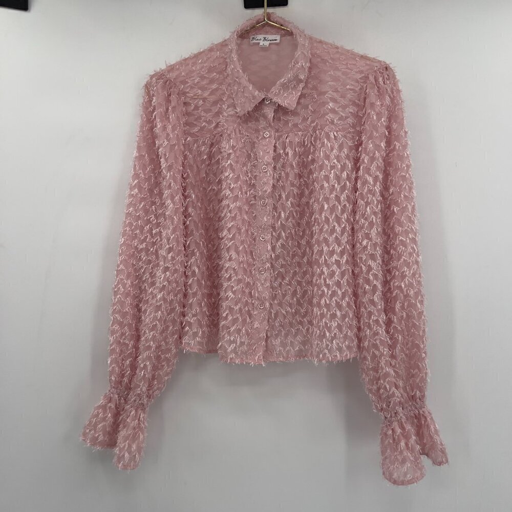 Blue Blossom Women's Blush Fringe Long Sleeve Blouse L